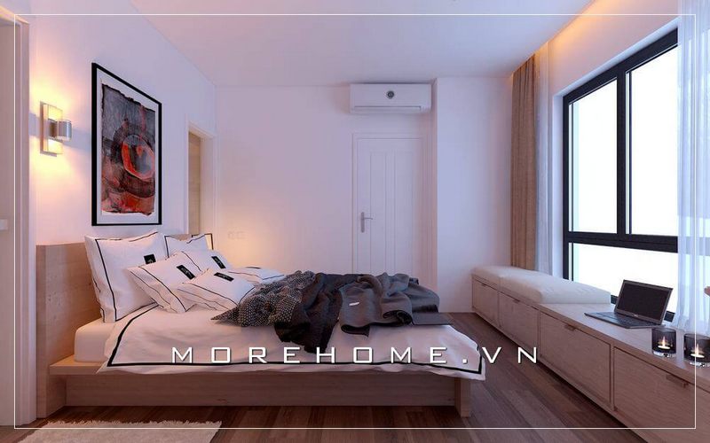 Trang trí nội thất phòng ngủ chung cư nhỏ với chiếc giường ngủ hiện đại, đơn giản mà không kém phần tiện nghi
